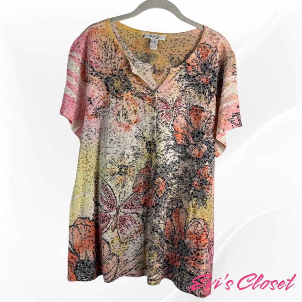 Style & Co Women's Floral & Butterflies Pink Orange With Pink Rhine Stones Sz 2x